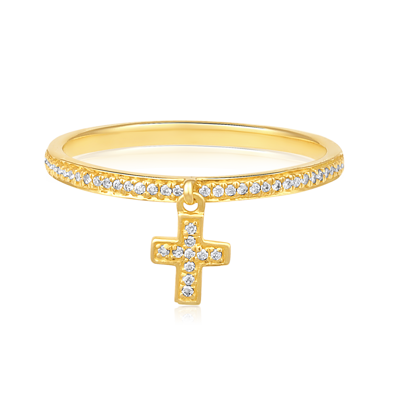 14k Yellow Gold Dangling Diamond Cross Ring