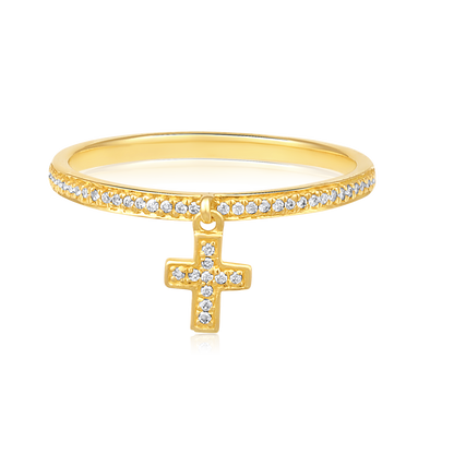 14k Yellow Gold Dangling Diamond Cross Ring