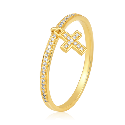 14k Yellow Gold Dangling Diamond Cross Ring