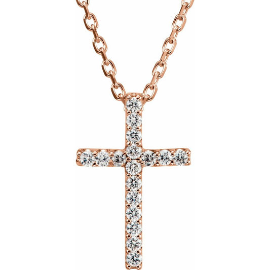 14K Rose .06 CTW Natural Diamond Petite Cross 16" Necklace R42147D:60004:P