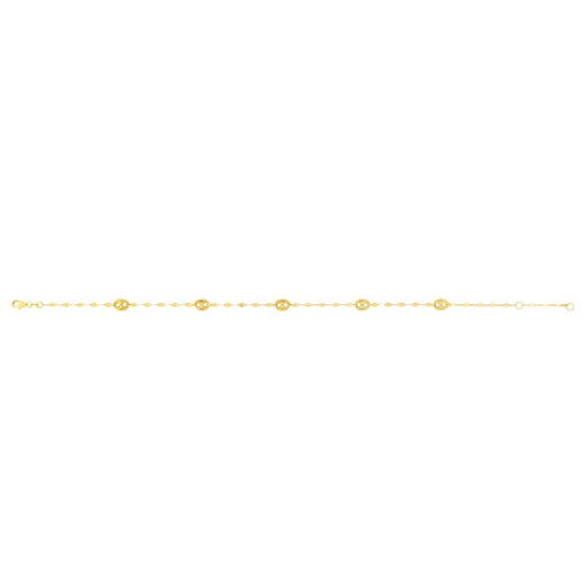 14k Yellow Gold Mirror Chain and Puffed Mariner Station Anklet