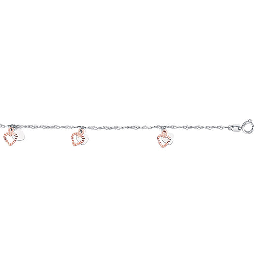 14k White and Rose Gold Dangling Hearts Anklet