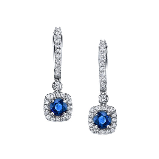 Dangling Sapphire with Square Diamond Halo Earrings