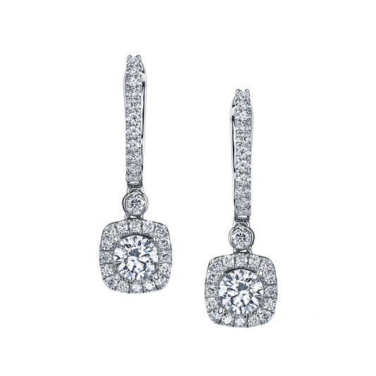 Dangling Round Diamond with Square Halo Earrings