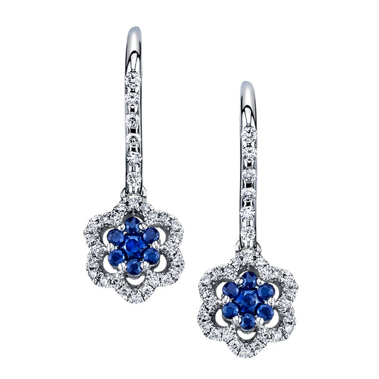 Dangling Flower Sapphire with Diamond Halo Earrings