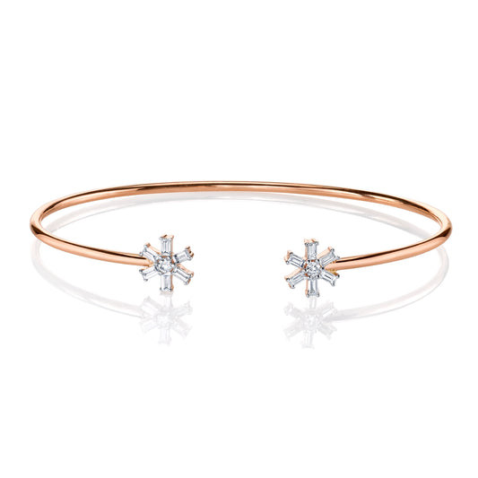 Rose Gold Flower Baguette Diamond Cuff Bracelet