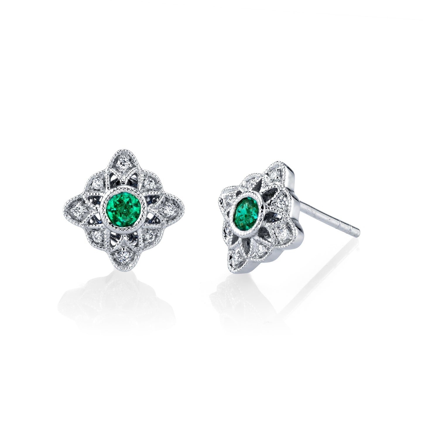 Vintage Angled Emerald and Diamond Stud