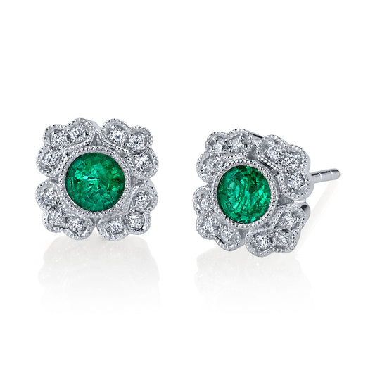 Vintage Round Emerald and Diamond Stud