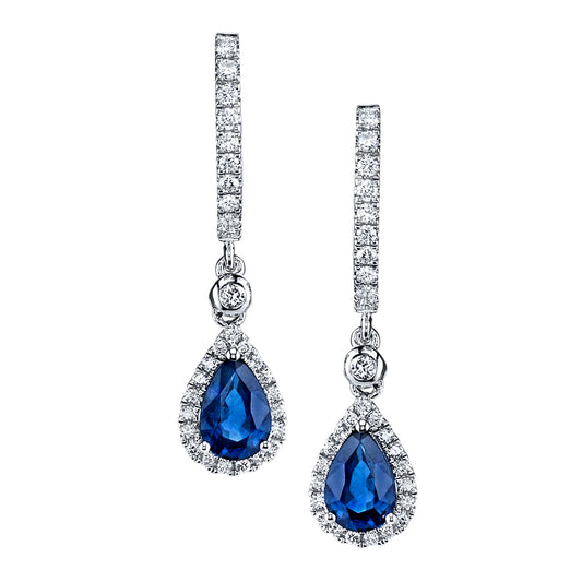 Dangling Pear Sapphire with Diamond Halo Earrings