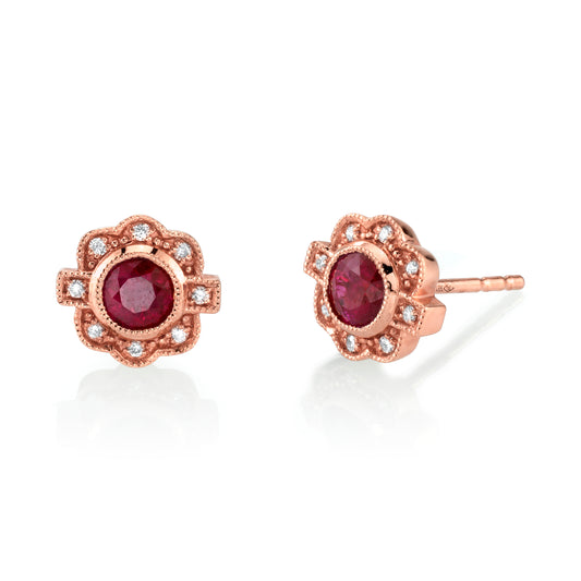 Rose Gold Floral Style Ruby and Diamond Stud