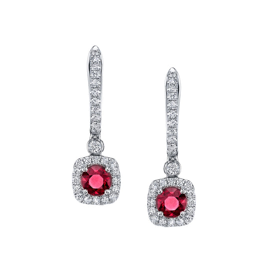 Dangling Ruby with Square Diamond Halo Earrings