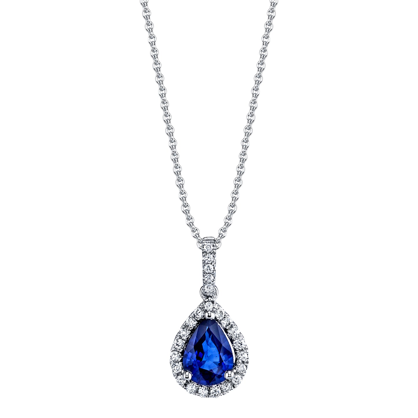 Sapphire Pear Shape Pendant with Diamond Halo